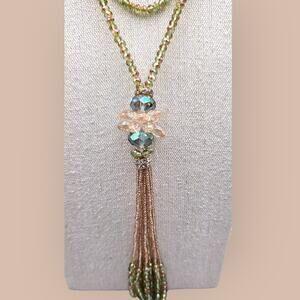 Champagne Aurora Borealis Beaded Tassel Necklace - Elegant Glam